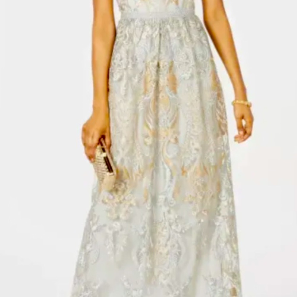 Adrianna Papell Women's Gown Gold Blue Size 4 Embroidered Mesh